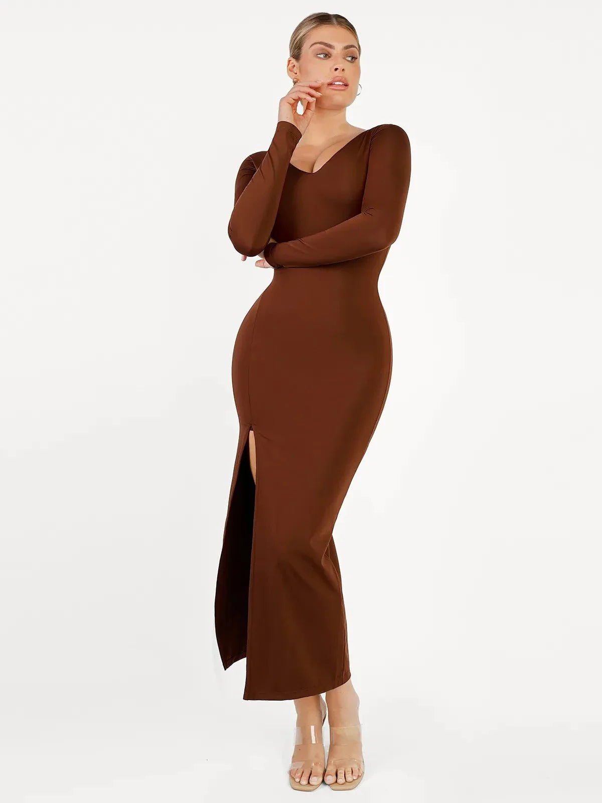 Shapewear Long Sleeve V-Neck Low Back Slimming Maxi Dress