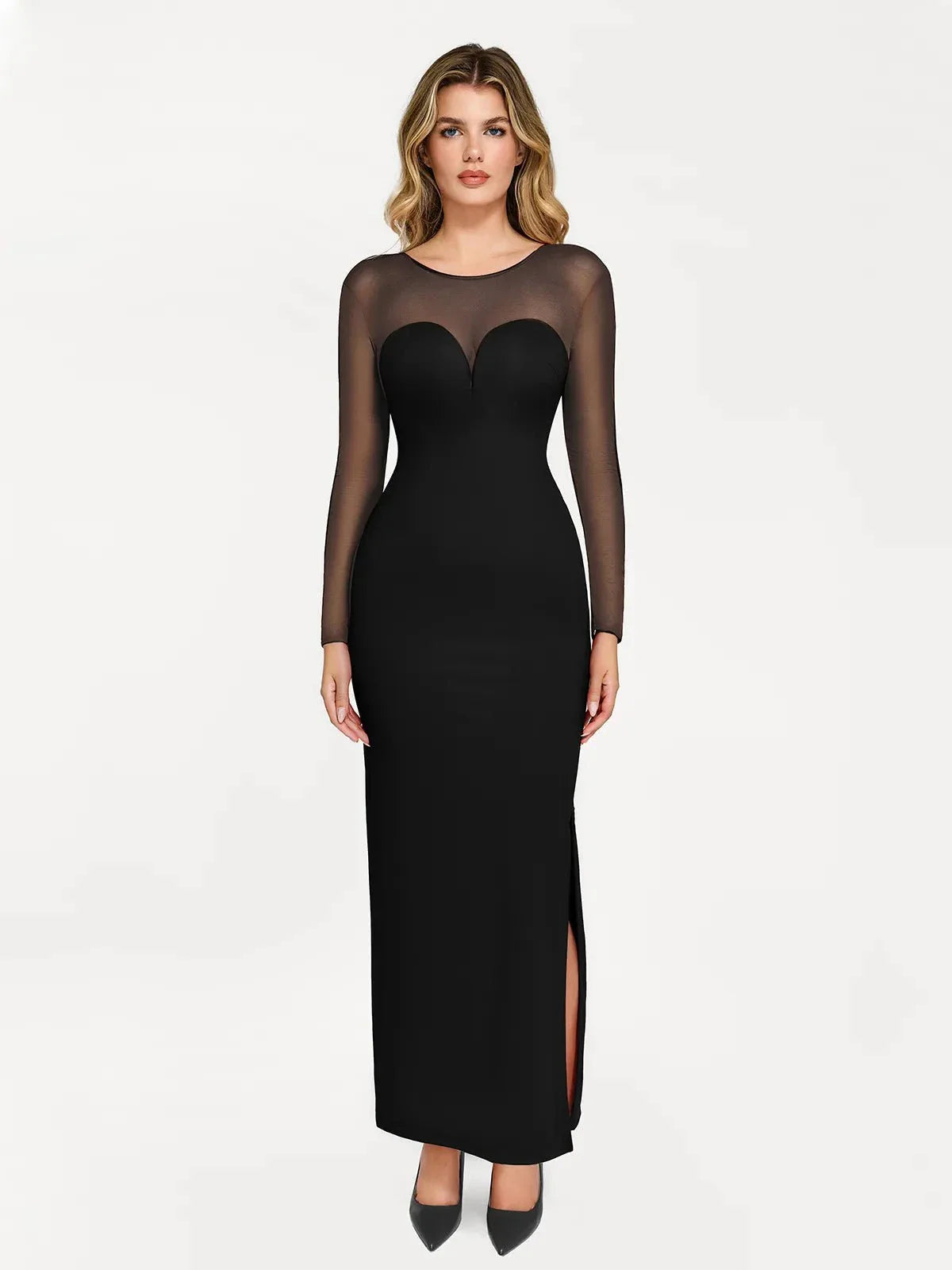 Shapewear Mesh Long Sleeve V-Back Slimming Maxi Dress