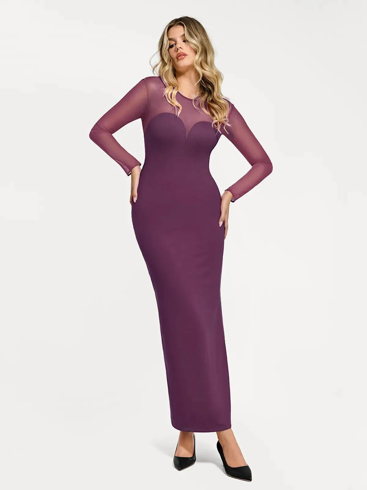 Shapewear Mesh Long Sleeve V-Back Slimming Maxi Dress