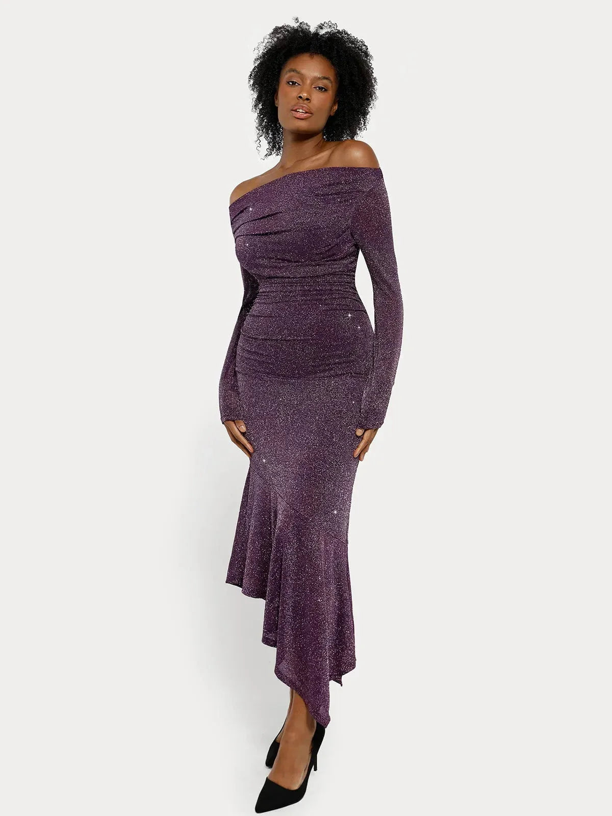 Shapewear Metallic Knit Long Sleeve Slim Mermaid Maxi Dress