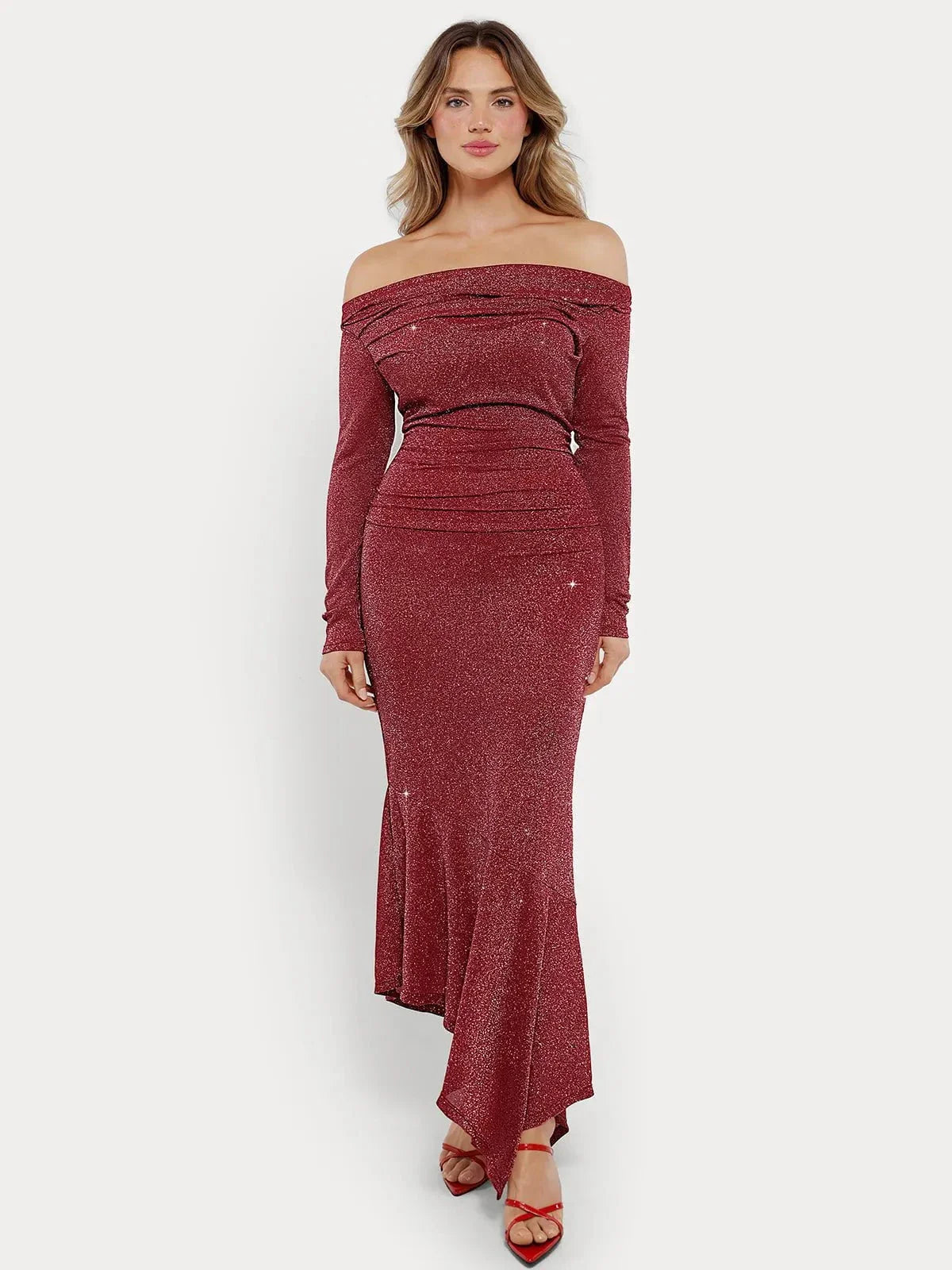 Shapewear Metallic Knit Long Sleeve Slim Mermaid Maxi Dress