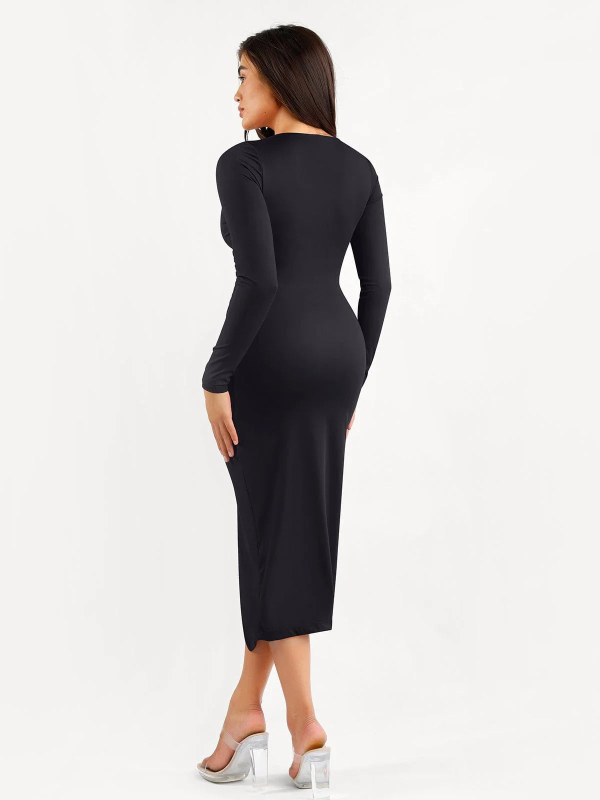 Shapewear Ruched Long Sleeve Faux Wrap Slimming Midi Dress