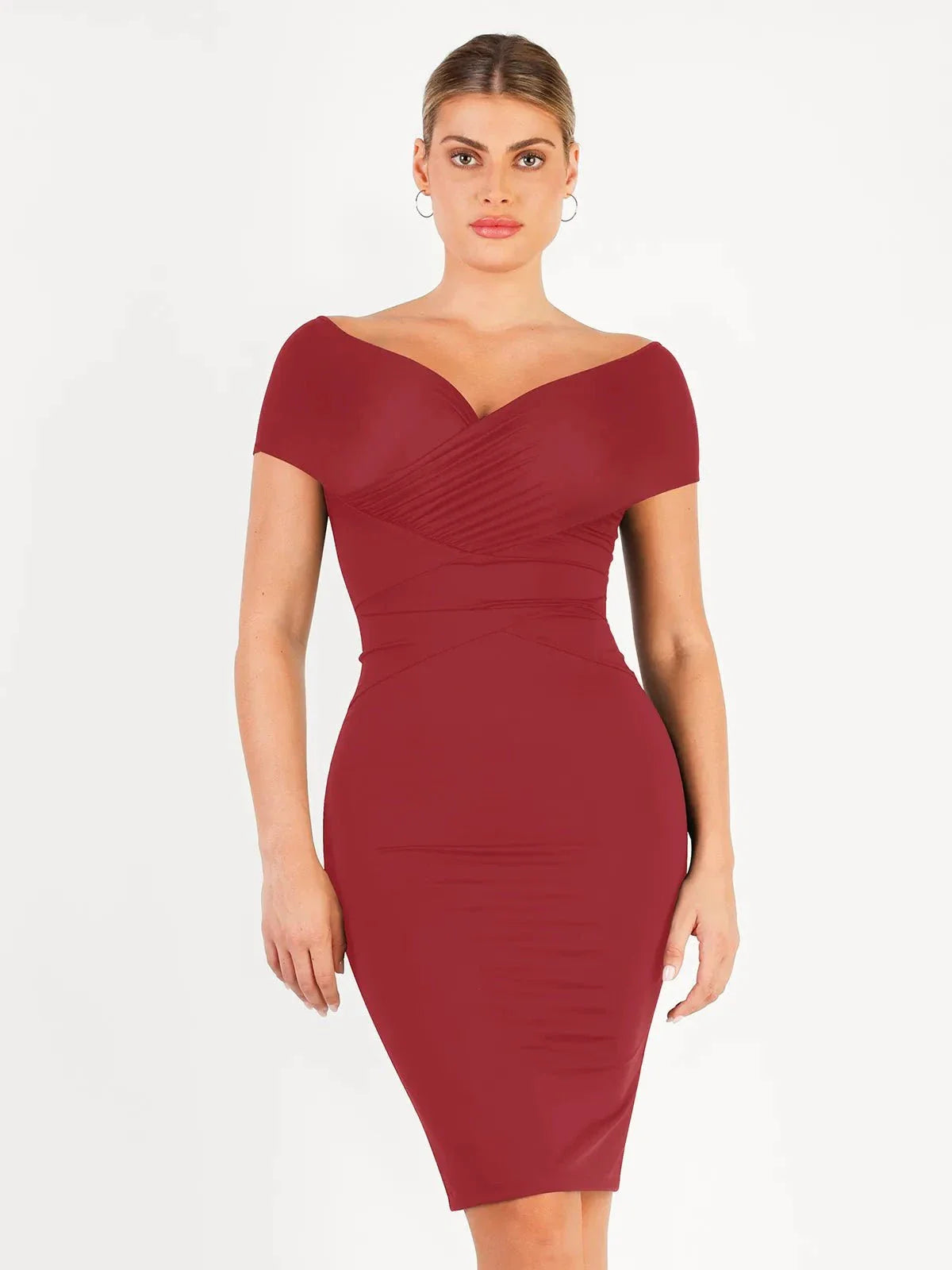 Shapewear Ruched Off-Shoulder Sculpting Midi Dress