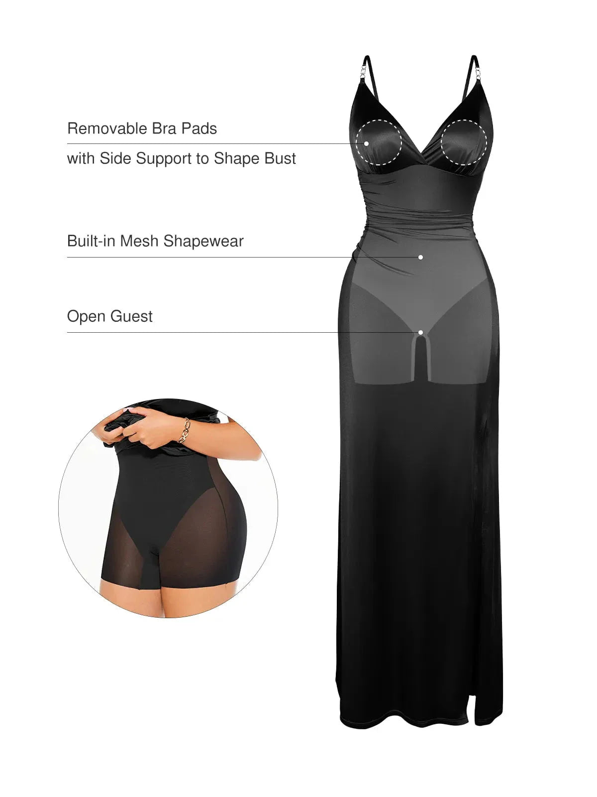 Shapewear Satin Deep-V Front Slit Maxi Dress