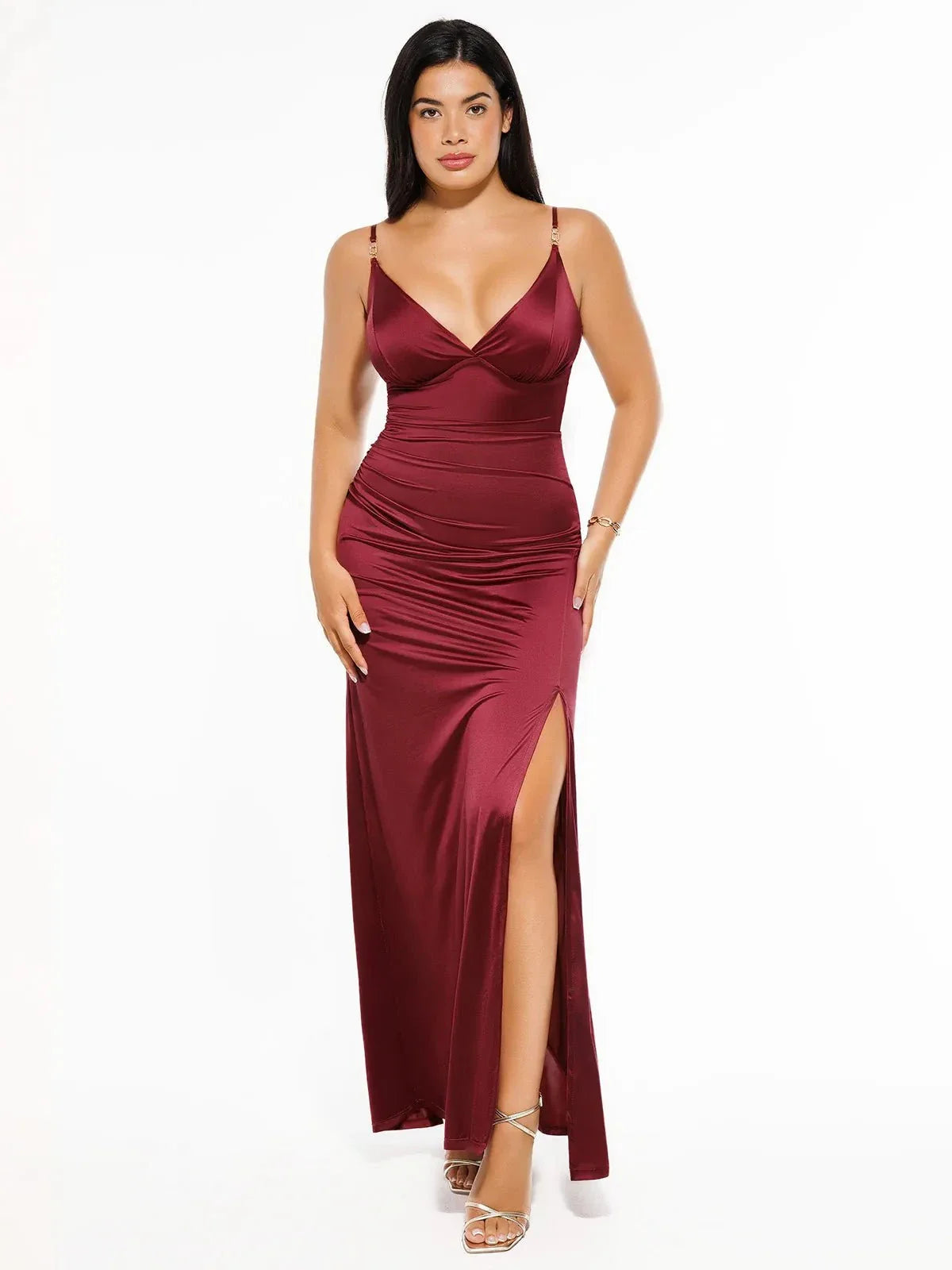 Shapewear Satin Deep-V Front Slit Maxi Dress
