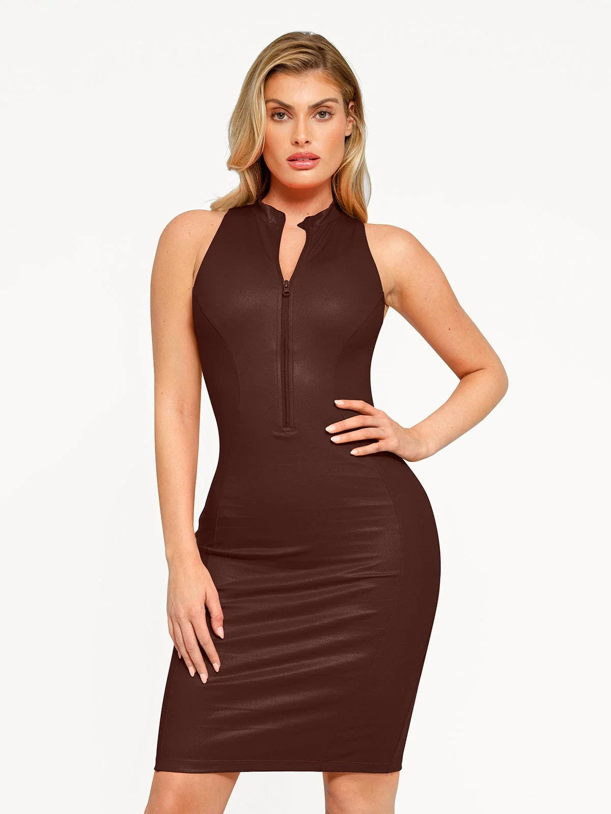 Shapewear Sculpting Faux Leather Zip Front Midi Dress