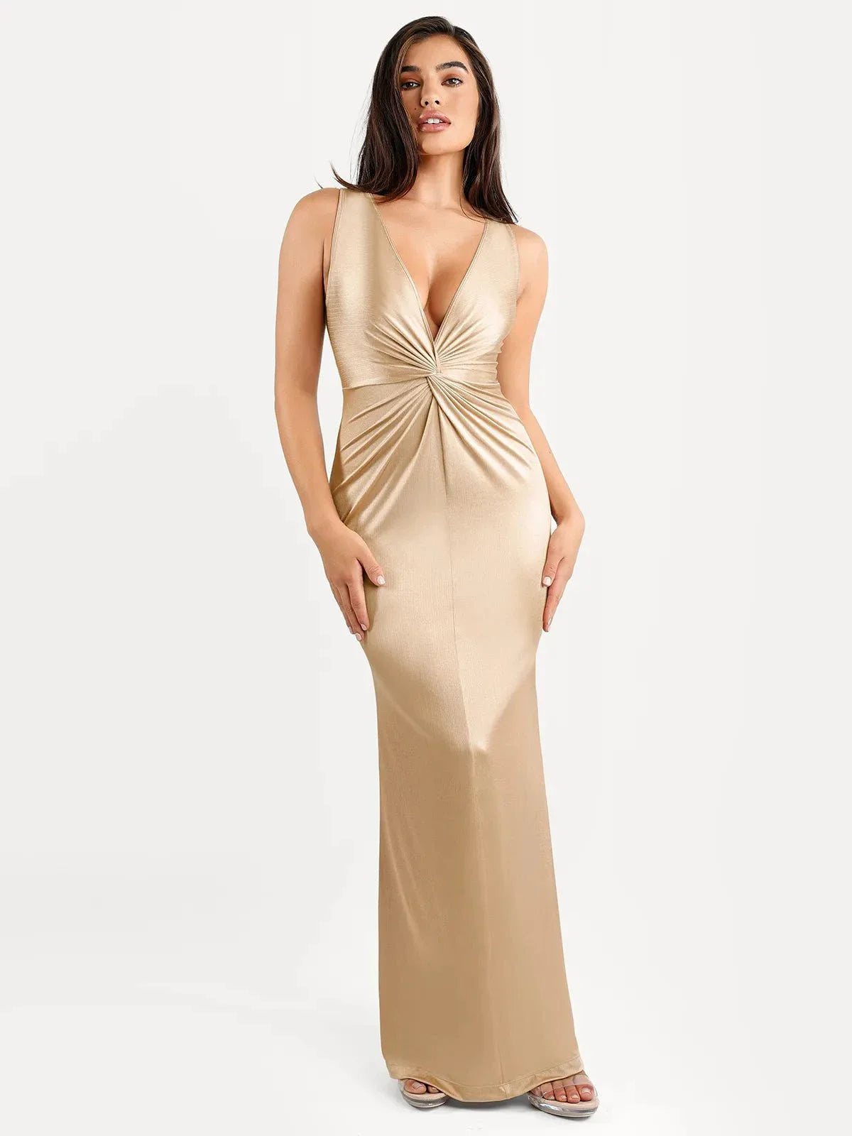 Shapewear Shine Deep V-Neck Bias Twist Hourglass Maxi Dress