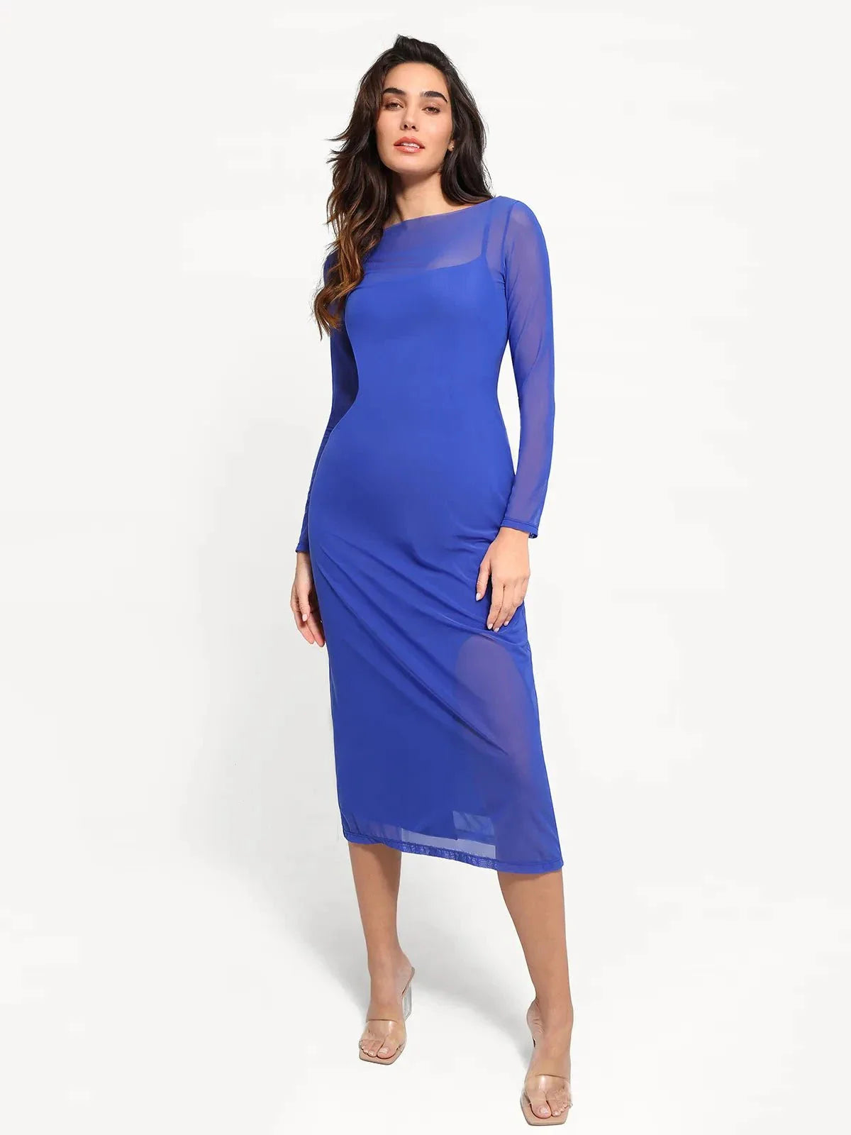 Shapewear Slimming Midi Dress and Sheer Mesh Overlay Set