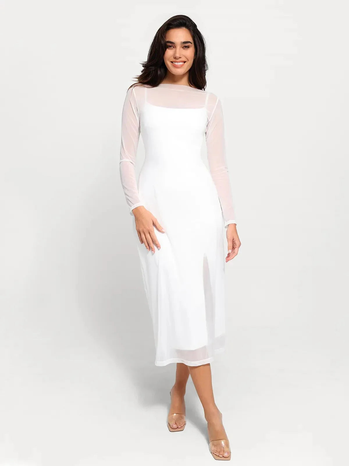 Shapewear Slimming Midi Dress and Sheer Mesh Overlay Set